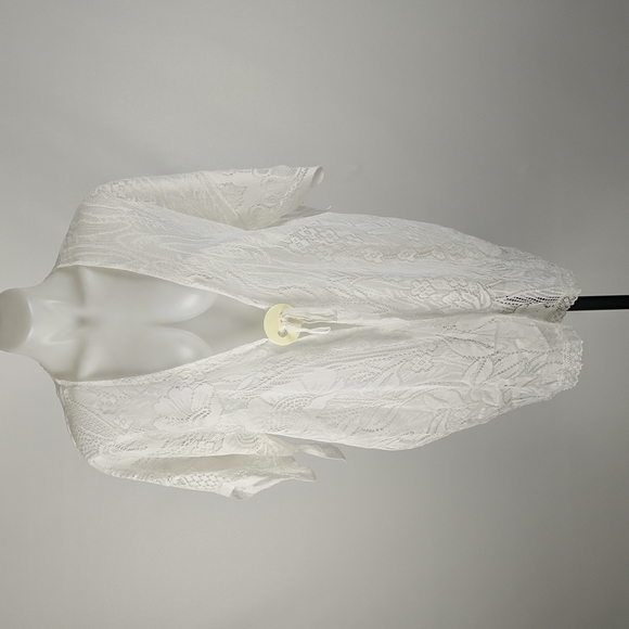 Women's Cream Swimsuit Cover-up One Size Lace Sheer Button Tie Short Sleeve - Picture 3 of 8